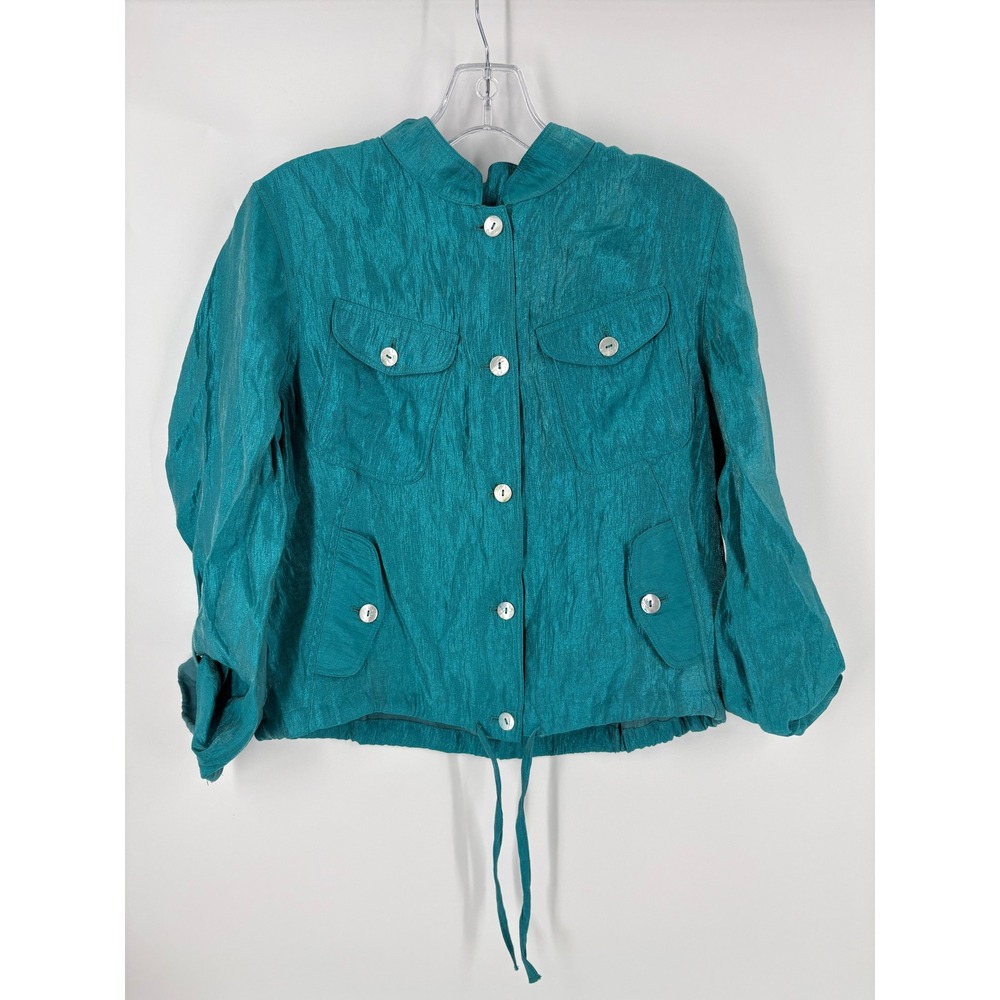 NOB Designer Teal Textured Cropped Jacket Mandarin‎ Collar Drawstring Waist M